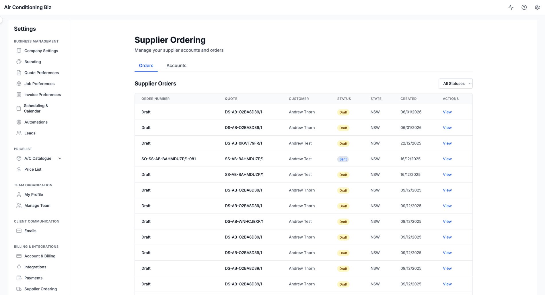 Supplier orders list showing order statuses and details
