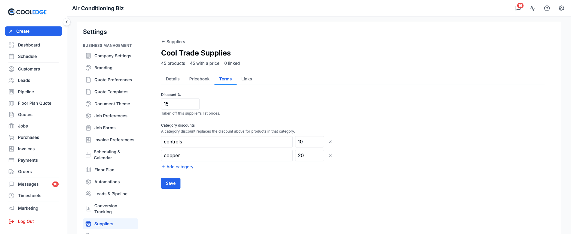 Terms tab with a 15% supplier discount and category discounts of 10% for controls and 20% for copper