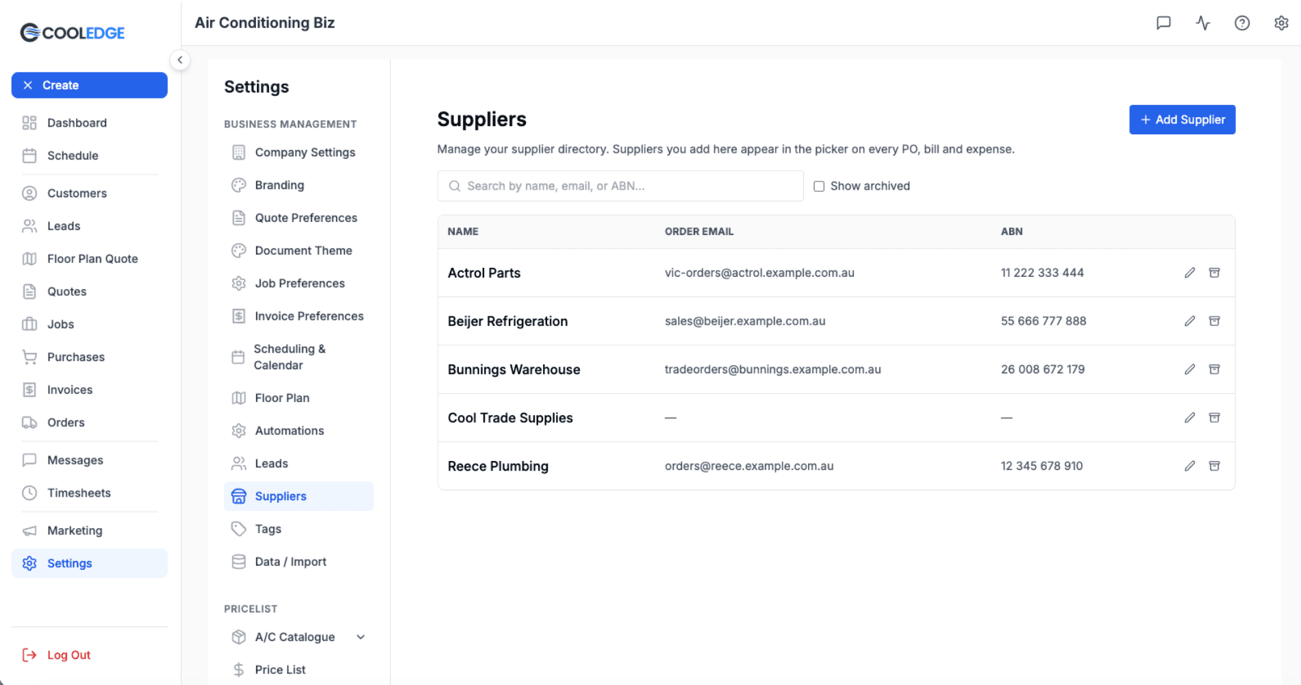 Suppliers settings page with the table of saved suppliers