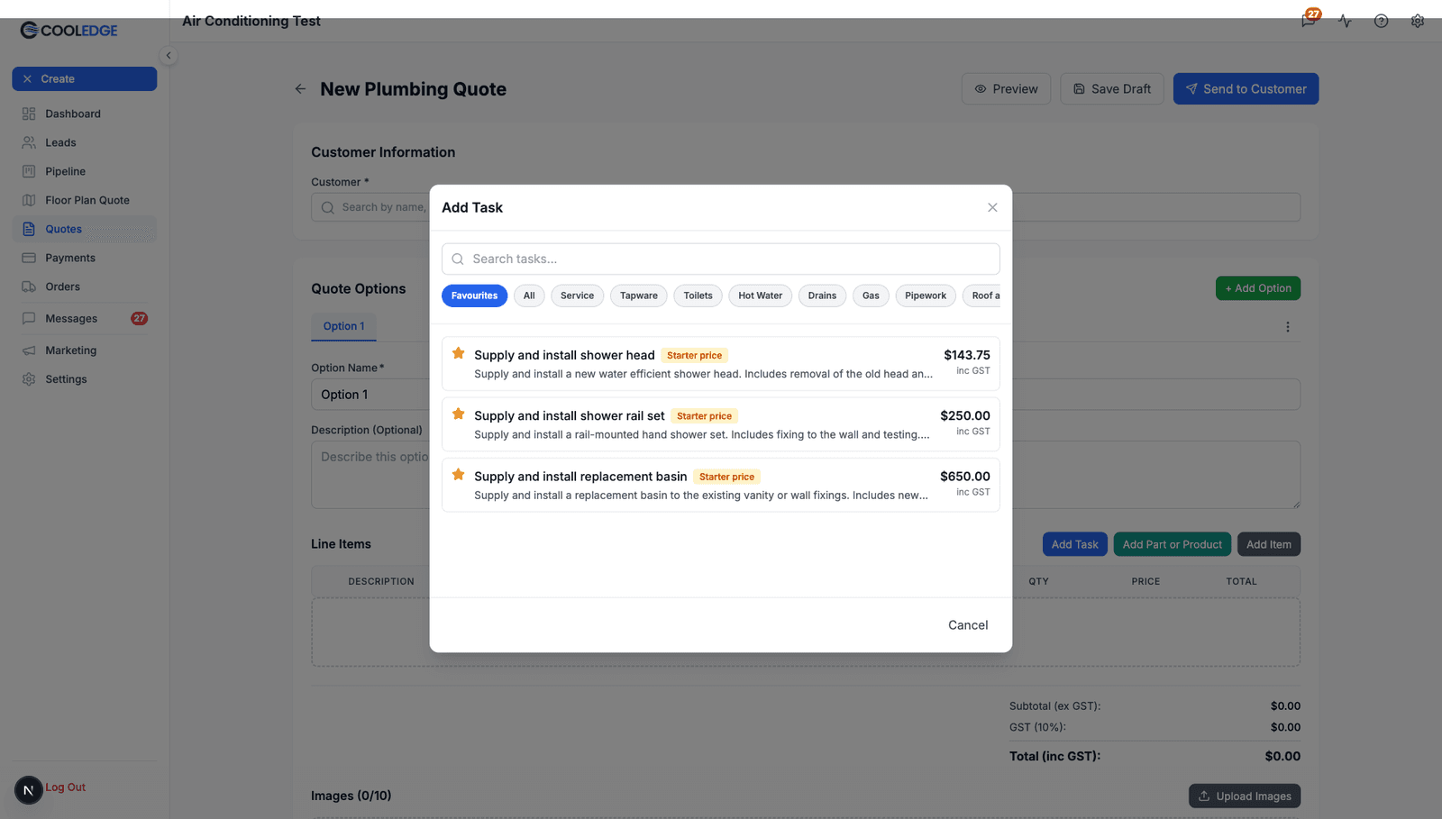 Electrical task picker showing starred favourite tasks with prices inc GST