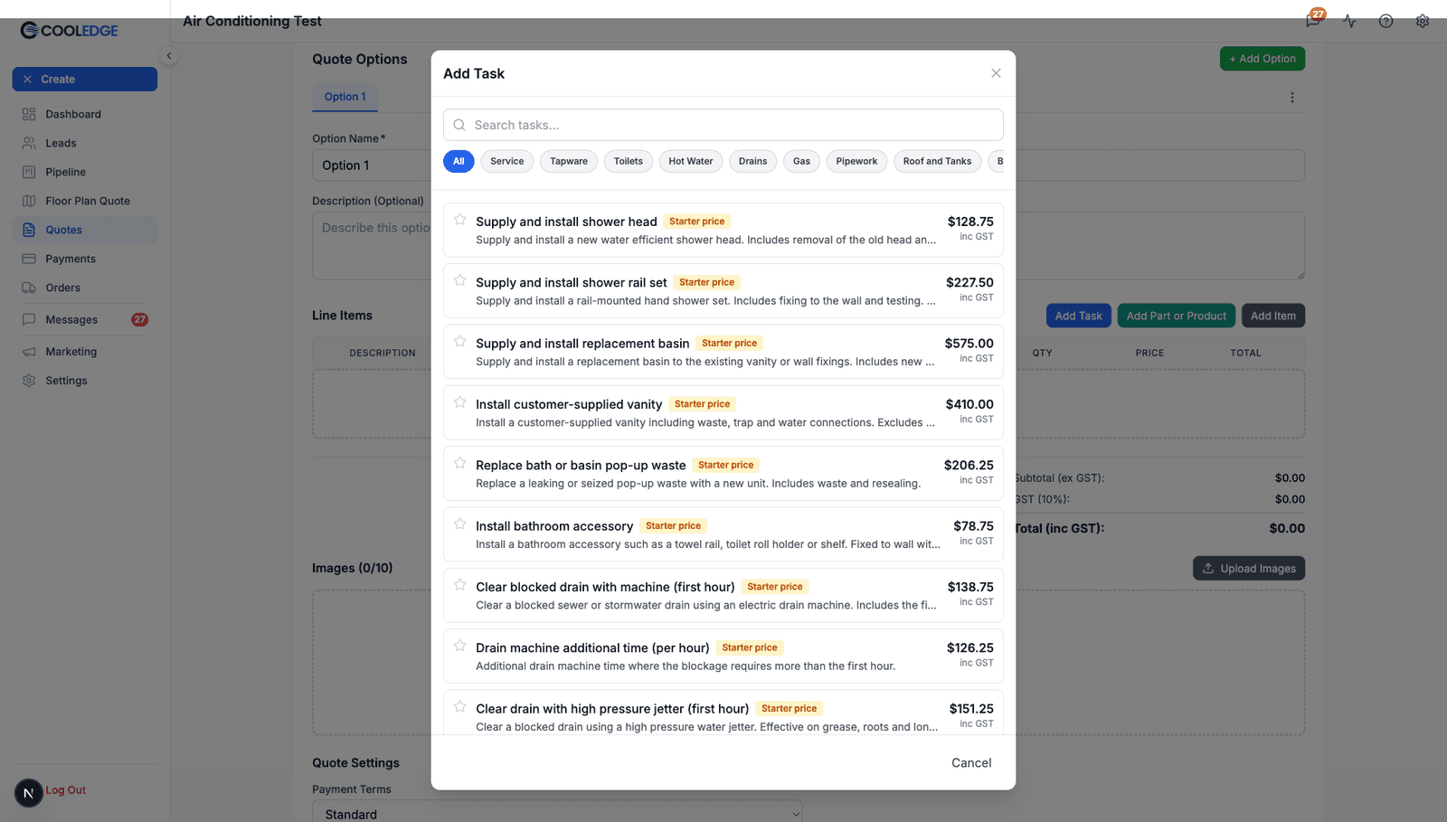Add Task picker showing the search box, plumbing category pills, star icons, Starter price badges and prices inc GST