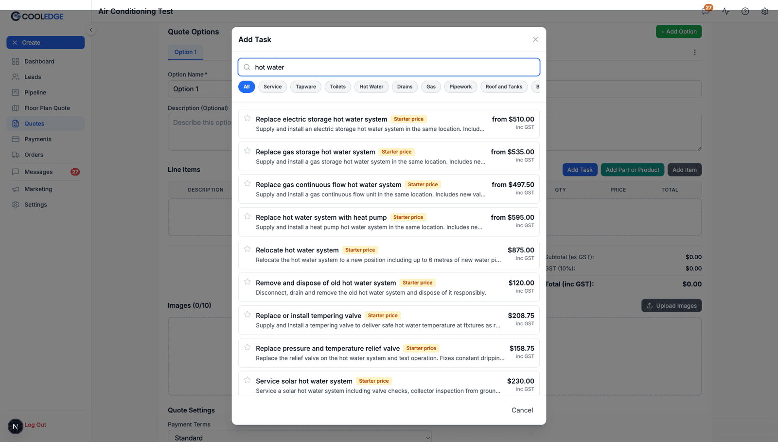 Searching hot water in the task picker, with unit-based tasks reading from $510.00