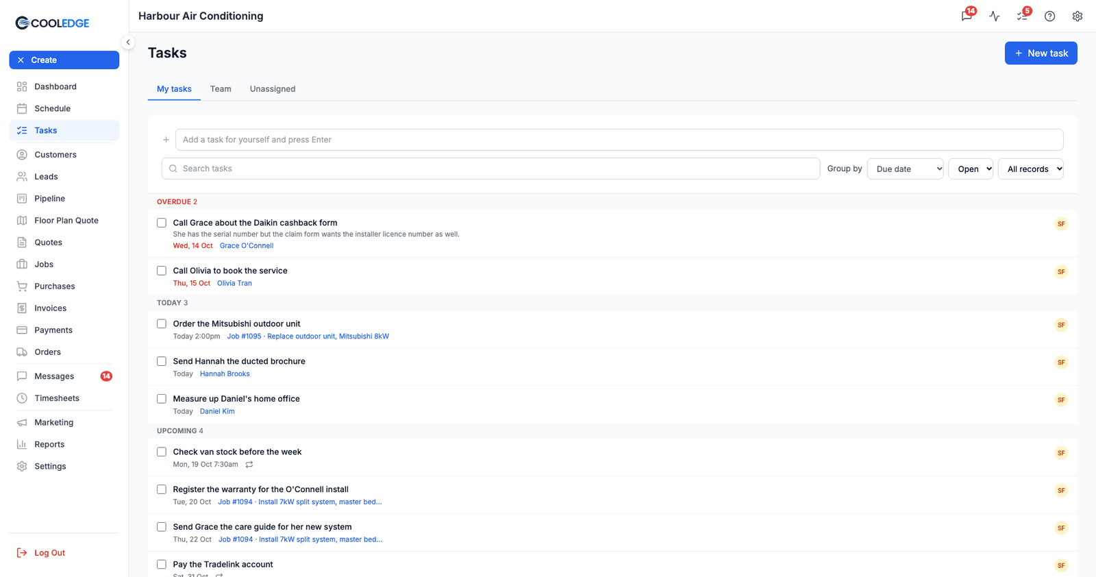 The Tasks page on the portal with the My tasks tab open, the quick add box and filters at the top and tasks grouped under Overdue, Today and Upcoming. Each task shows its due date and linked customer or job