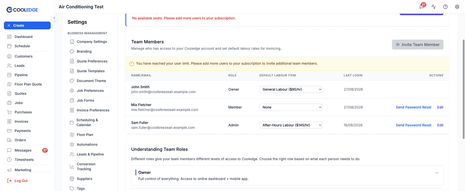 The Manage Team page, with a Default Labour Item dropdown on each team member row set to General Labour and After-Hours Labour
