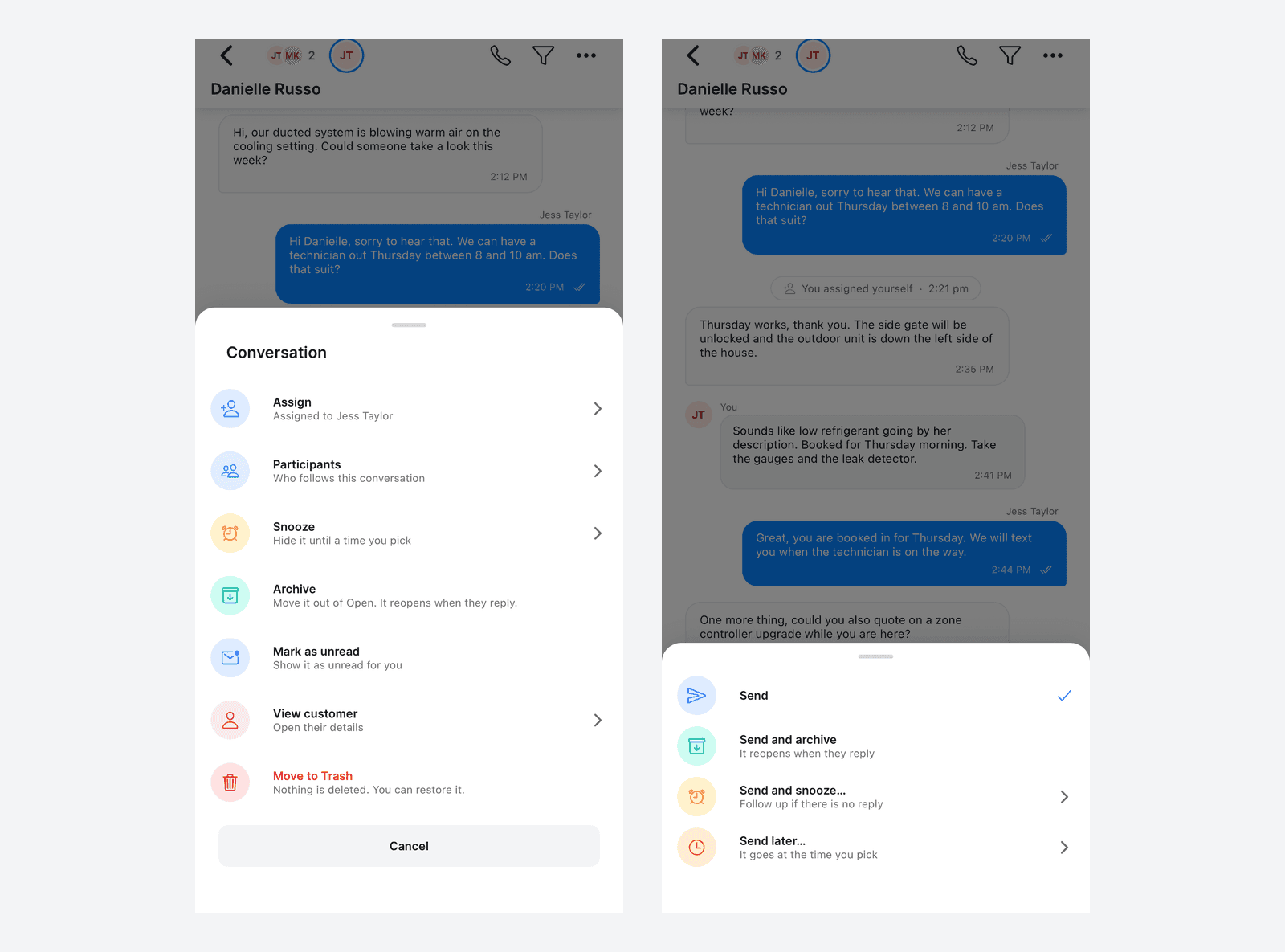 The Conversation sheet in the mobile app with Assign, Participants, Snooze, Archive, Mark as unread, View customer and Move to Trash, beside the send options sheet with Send, Send and archive, Send and snooze and Send later
