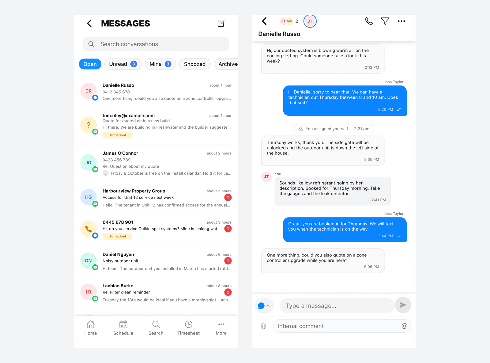 The Messages list in the mobile app with the view pills and two Unmatched conversations, beside an open conversation showing an internal comment, a You assigned yourself marker and the Internal comment bar