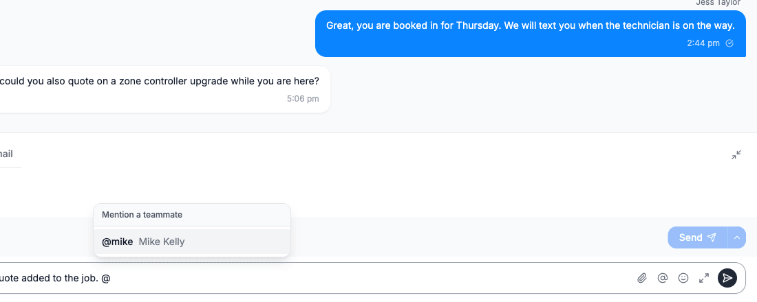An internal comment being written on the portal, with the Mention a teammate list open