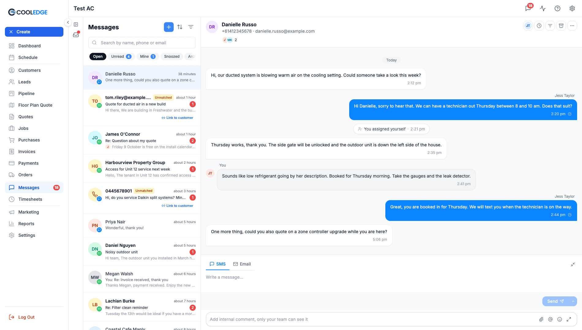 Messages on the portal, with the first view pills, the conversation list and an open thread showing customer texts, replies, a You assigned yourself marker, an internal comment, the participants and the comment bar