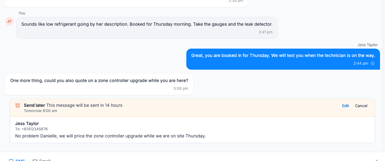 A Send later card at the end of a conversation, showing how long until the message is sent, the time, who scheduled it, the recipient, a preview and the Edit and Cancel buttons
