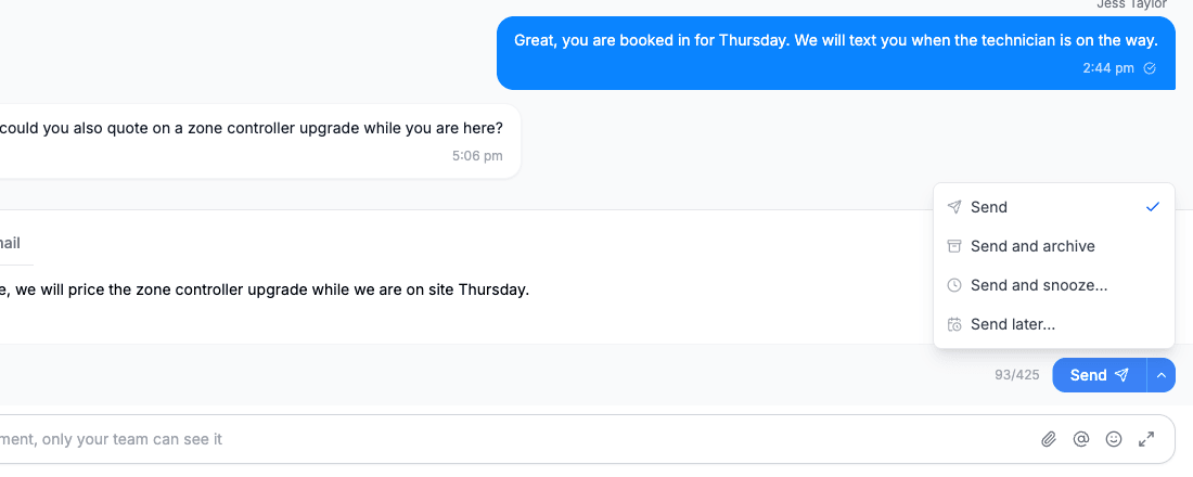 The send menu open in the Messages composer, showing Send ticked as the default, Send and archive, Send and snooze and Send later