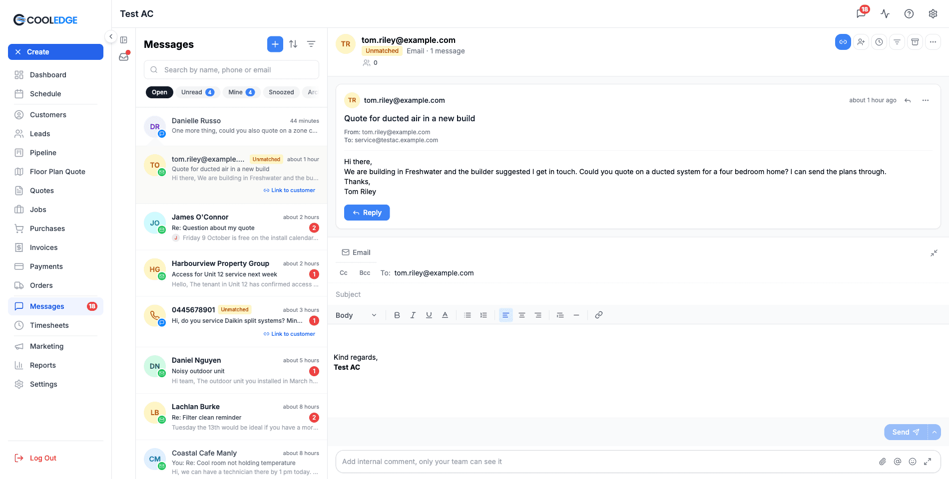 An unmatched email open in Messages, with two list rows carrying the amber Unmatched badge and Link to customer