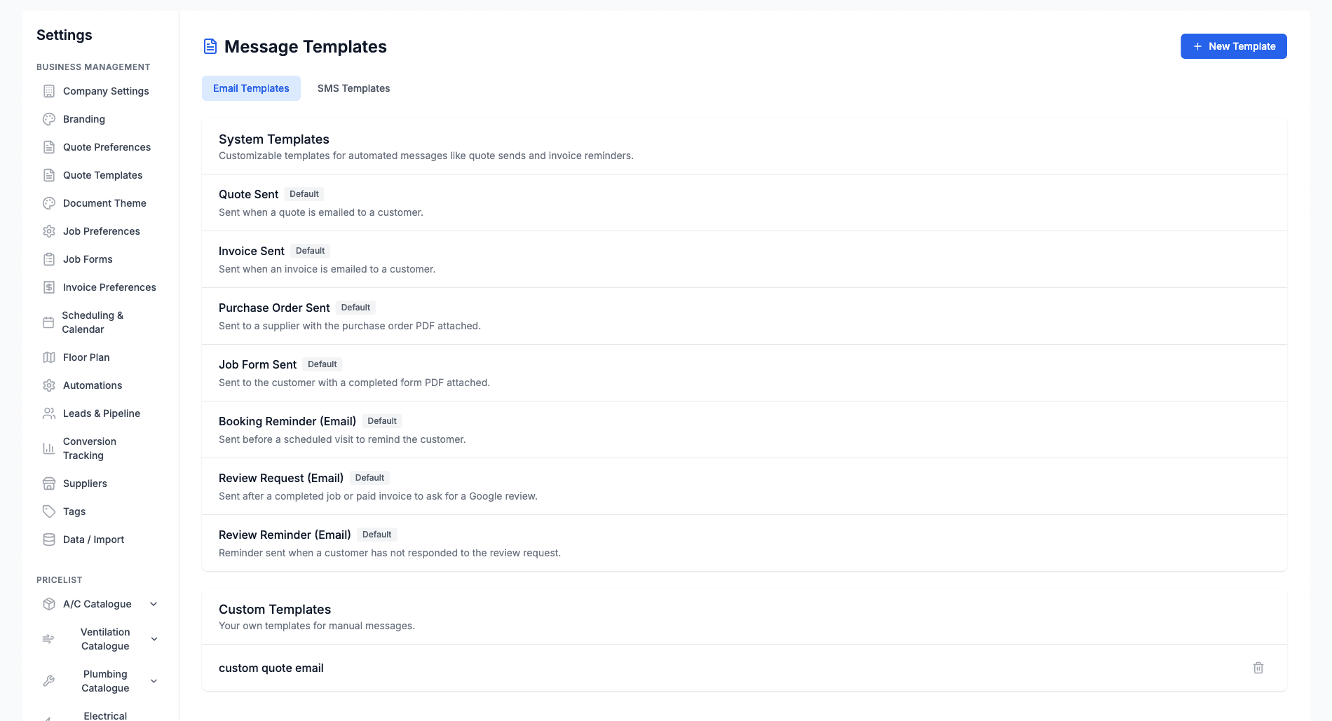Review templates in Settings → Templates