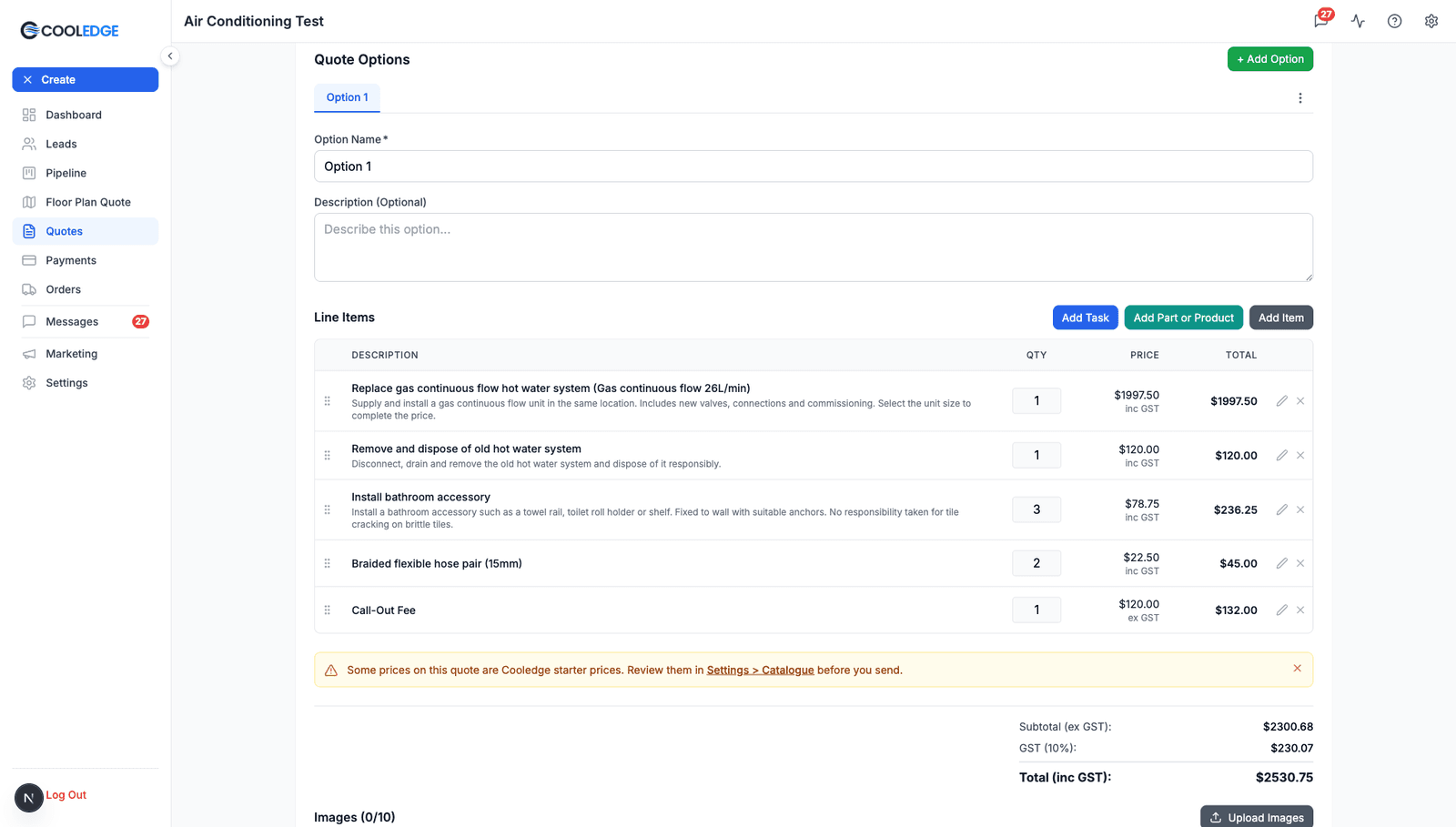 Trade quote editor with five line items, per-line GST labels, the amber starter price notice and the subtotal, GST and total rows