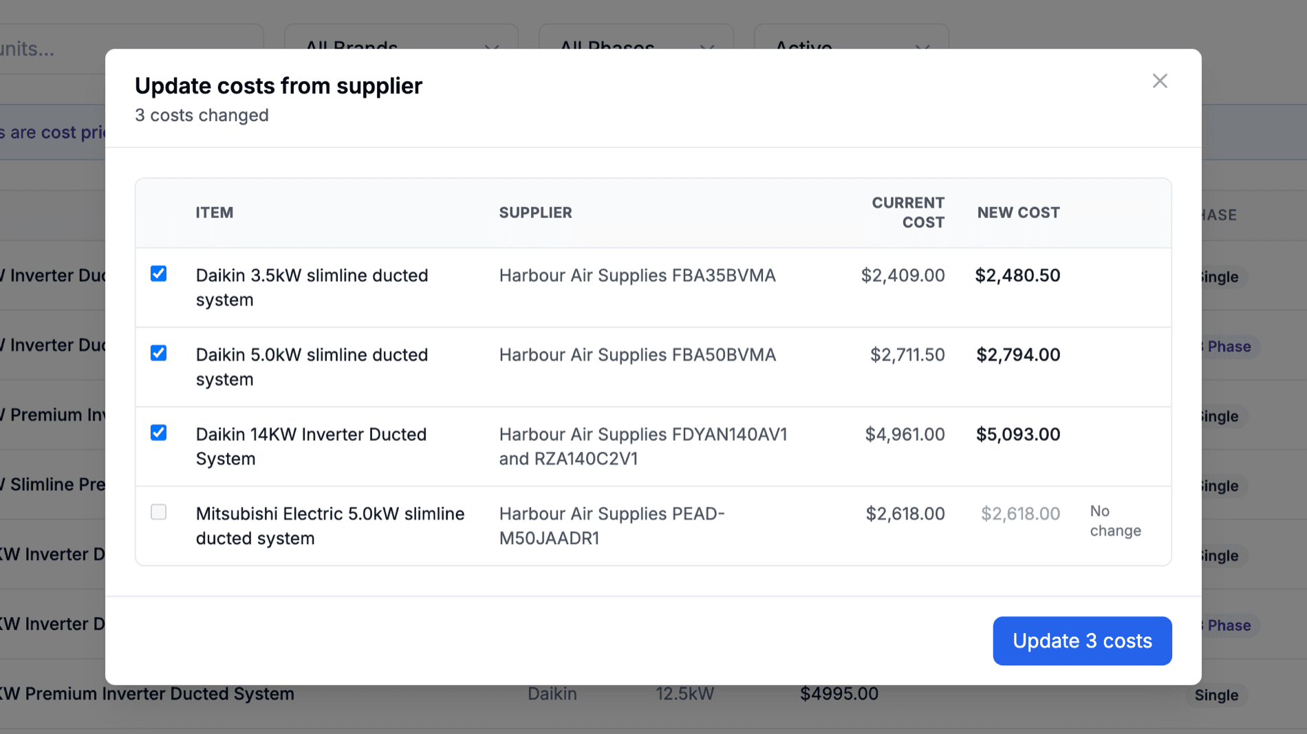 The Update costs from supplier review listing items with their supplier, current cost and new cost, including a No change row