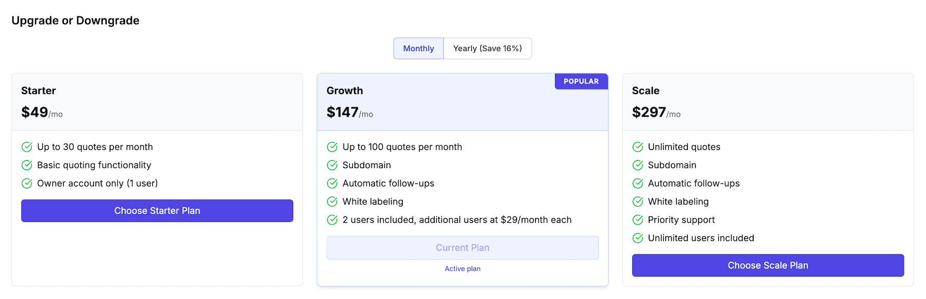 Upgrading subscription plan