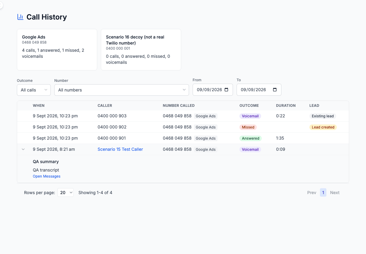 An expanded voicemail row showing the AI summary and transcript